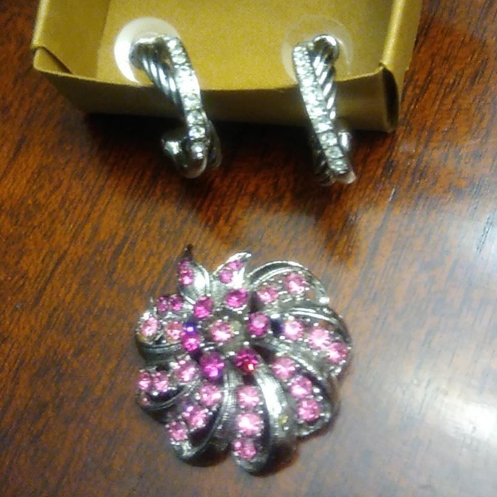Vintage silver tone and pink rhinestone with vintage C shaped earrings